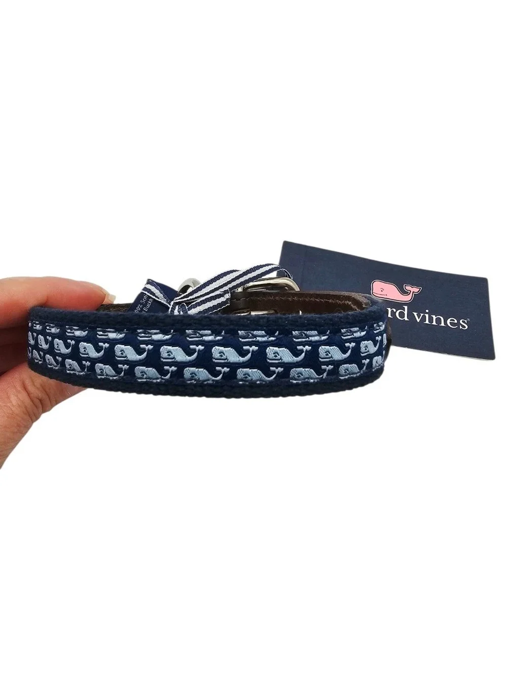 Vineyard Vines Leather Canvas Dog Collar Whale Print Blue NWT
